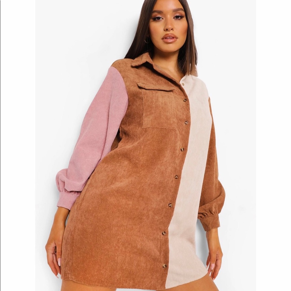 Corduroy Color Block Shirt Dress